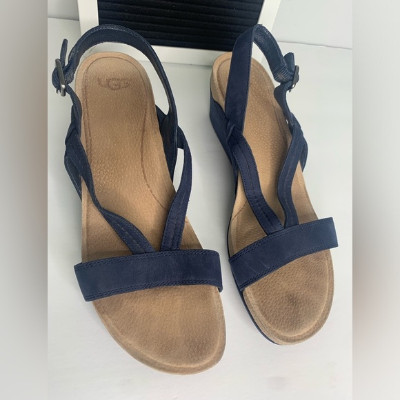 Ugg Kenley Navy Leather Strappy Slingback Wedges Size 9 - Picture 7 of 12